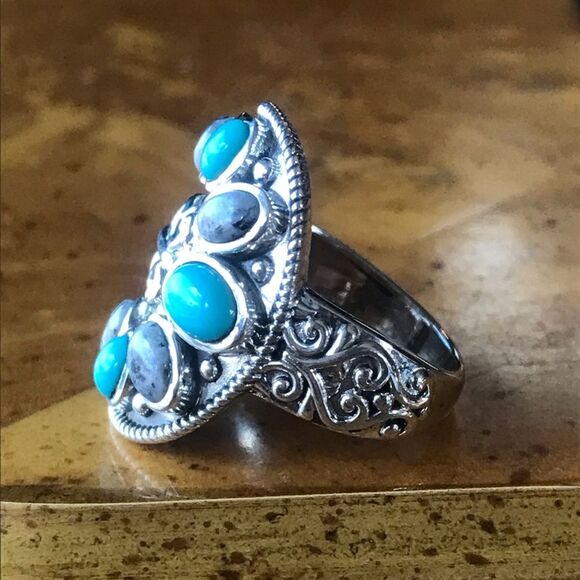 Sleeping Beauty Turquoise White Buffalo Sterling Silver Buckle Ring Size 6.25 - Picture 2 of 9